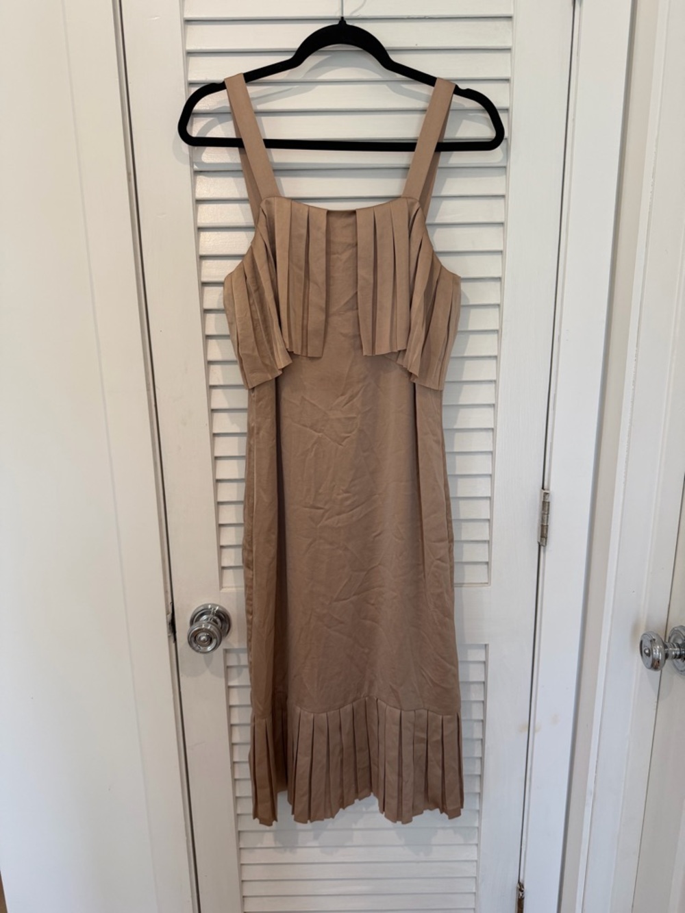 Little Moon Tan Pleated Strap Midi Dress